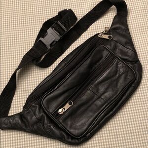 Vintage TONI Fanny Pack Black Genuine Leather Unisex Waist Sling 4 Pockets #876